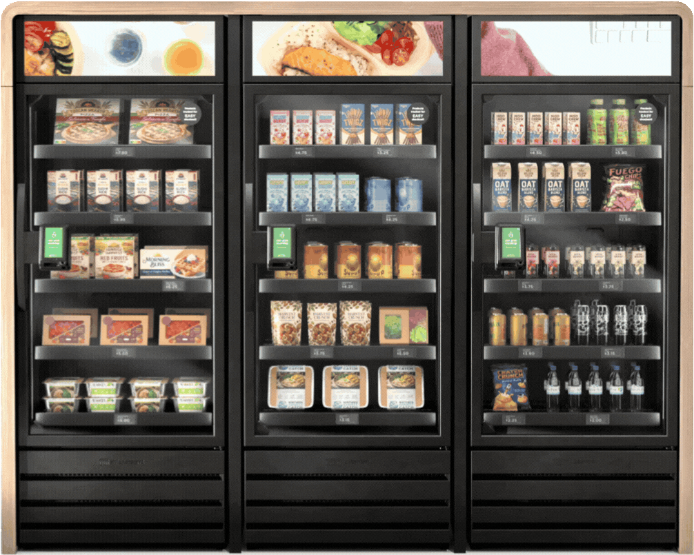 Three VendIQ micromart fridges with LCD ad screens